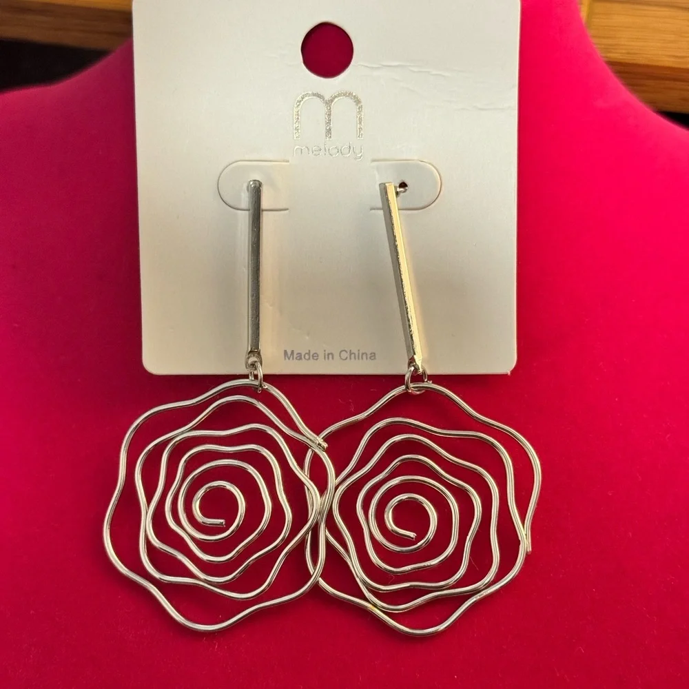 Silver Rose Wire Drop Earrings | Minimalist Statement Floral Dangle| Lightweight - Picture 3 of 5